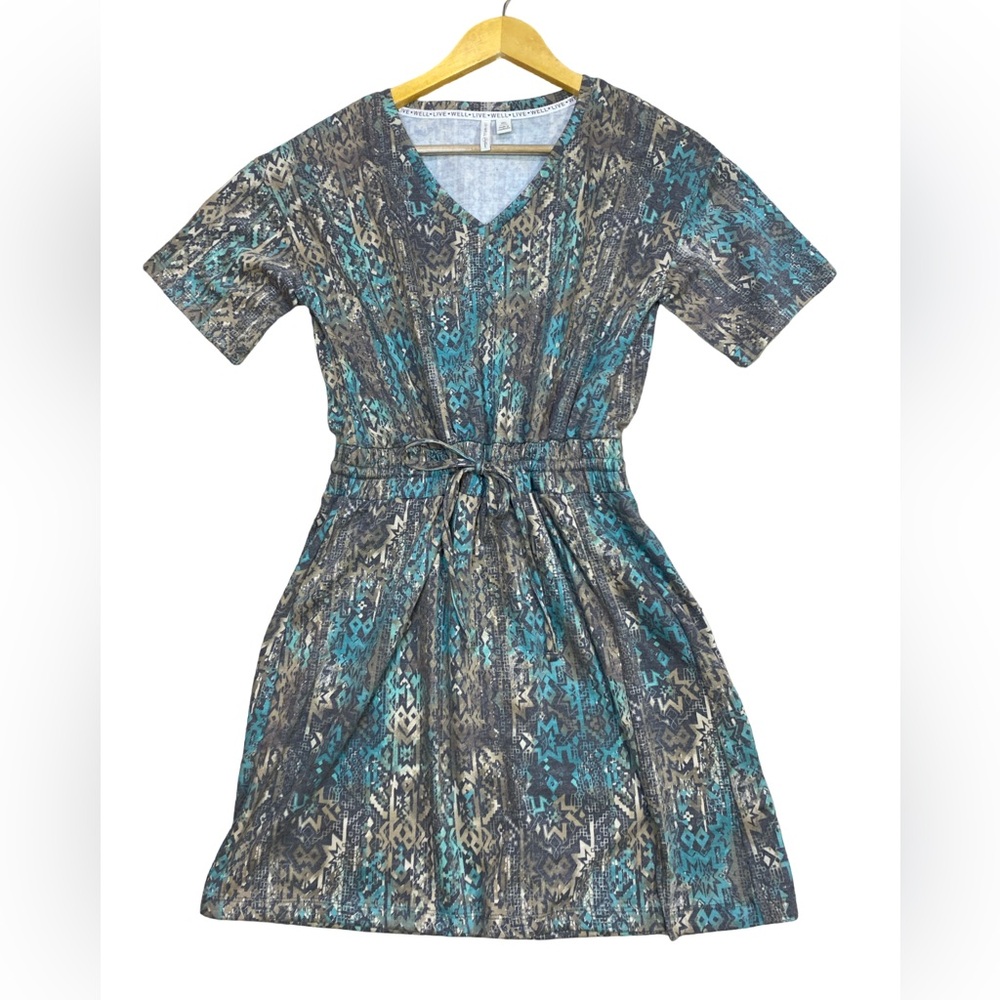 Southwestern Boho Dress XS V-Neck Drawstring‎ Waist Slit Casual Active